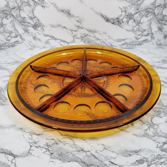 Rare 14" Indiana Amber Kings Crown Thumbprint Serving Tray Vintage - Picture 2 of 6